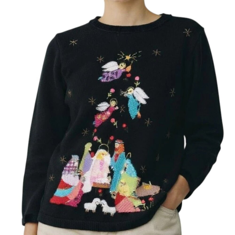 The Quacker Factory Vintage Nativity Christmas Sweater Embellished Size Small